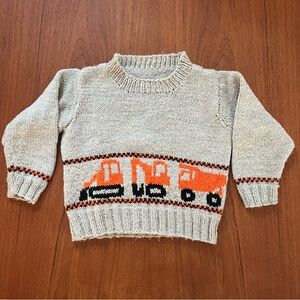 Handmade wool knit sweater with trucks digger excavator
